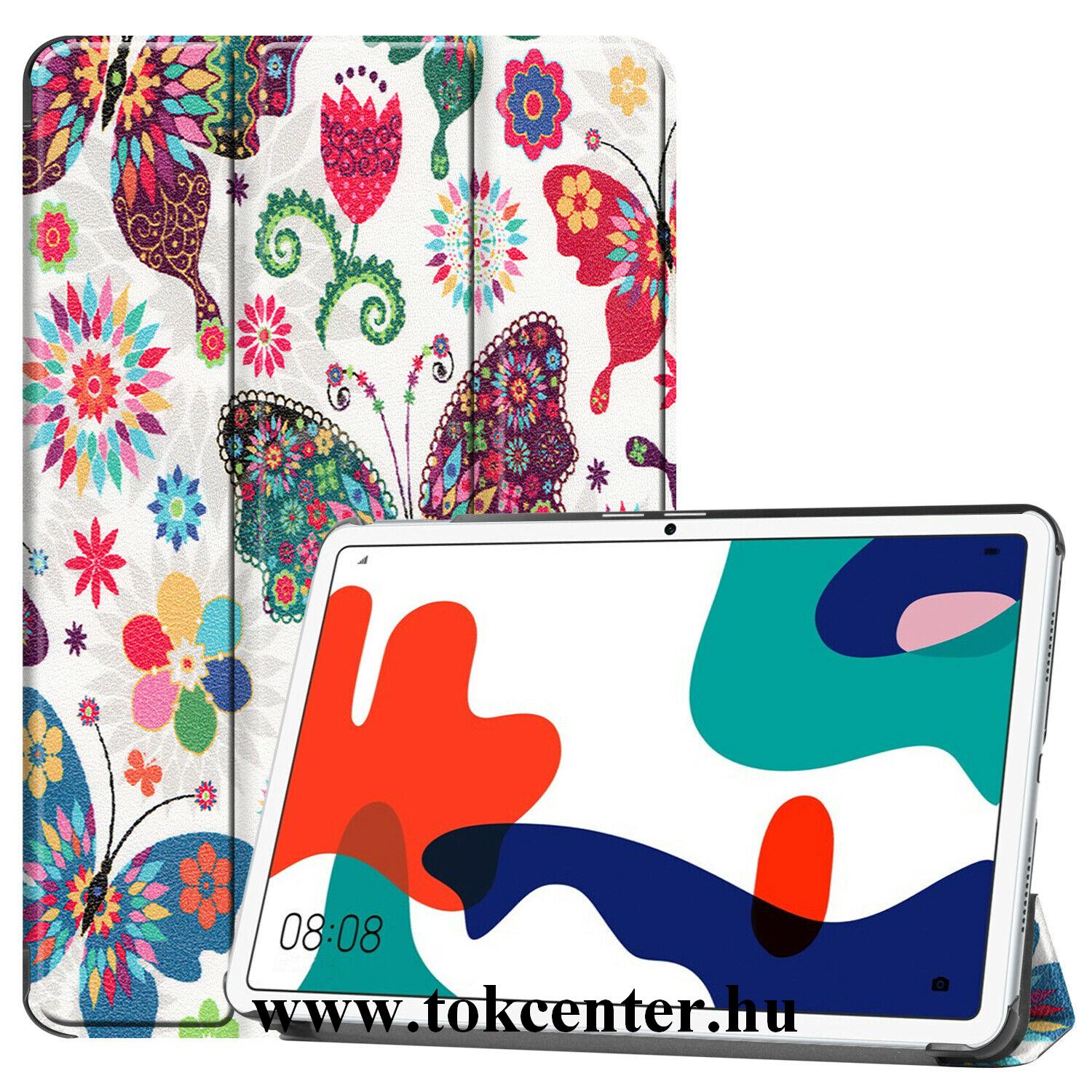 Huawei MediaPad M6 10.8 LTE / Huawei MediaPad M6 10.8 WIFI Tok álló, bőr hatású (aktív flip, oldalra nyíló, TRIFOLD asztali tartó funkció, pillangó, virág minta) FEHÉR