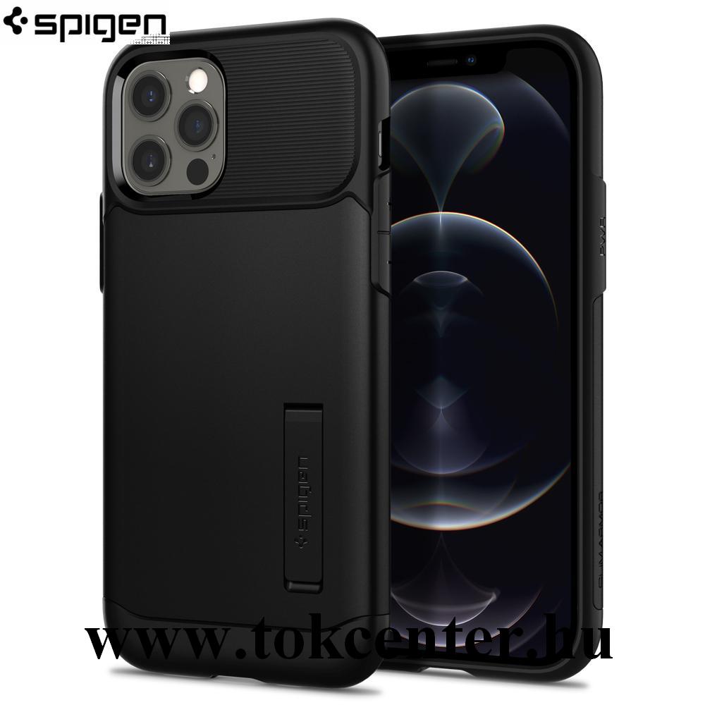 Apple iPhone 12 / Apple iPhone 12 Pro SPIGEN SLIM ARMOR szilikon telefonvédő (közepesen ütésálló, fém hátlap, légpárnás sarok, kitámasztó) FEKETE (ACS01523)