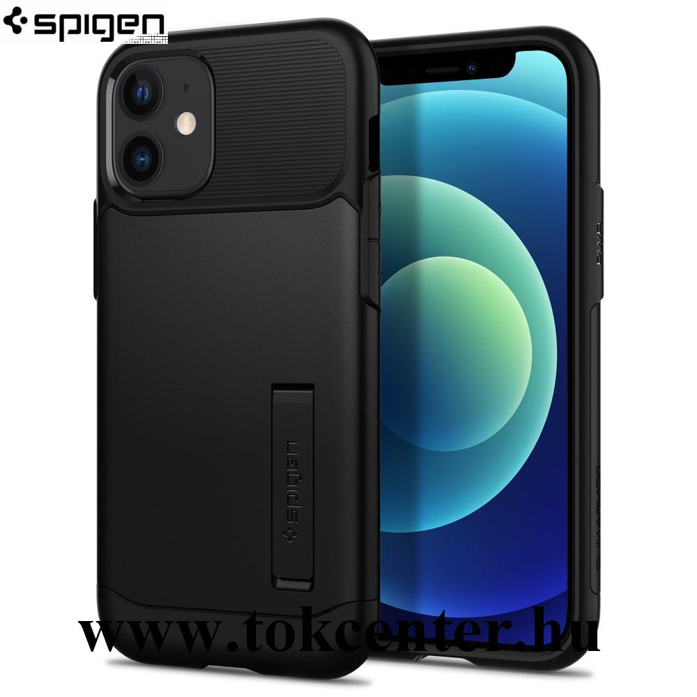 Apple iPhone 12 mini SPIGEN SLIM ARMOR szilikon telefonvédő (közepesen ütésálló, fém hátlap, légpárnás sarok, kitámasztó) FEKETE (ACS01545)