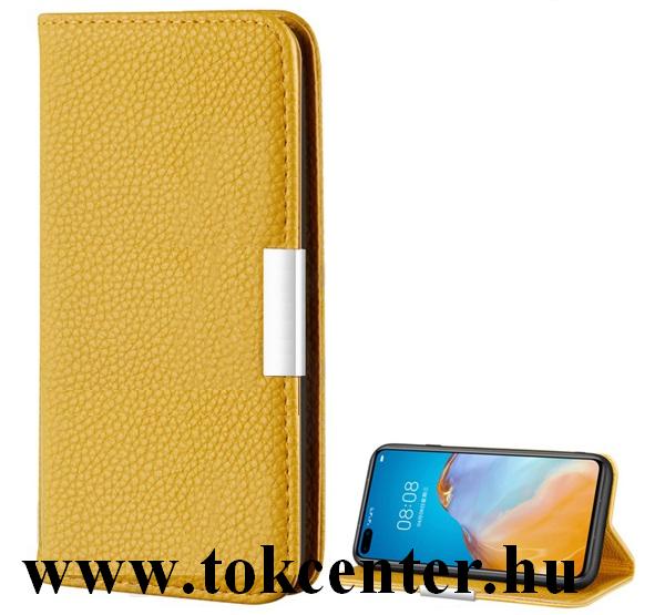 Samsung Galaxy A21s (SM-A217F) Tok álló, bőr hatású (FLIP, oldalra nyíló, asztali tartó funkció, mágneses, elegáns fémcsat, prémium) SÁRGA