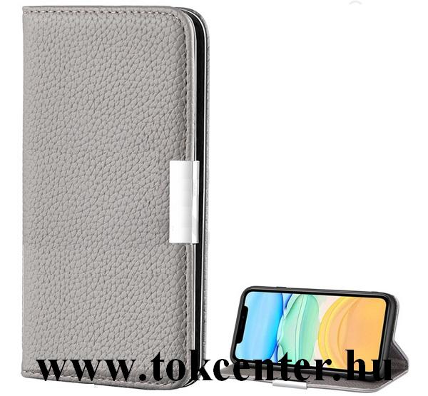 Samsung Galaxy A21s (SM-A217F) Tok álló, bőr hatású (FLIP, oldalra nyíló, asztali tartó funkció, mágneses, elegáns fémcsat, prémium) SZÜRKE