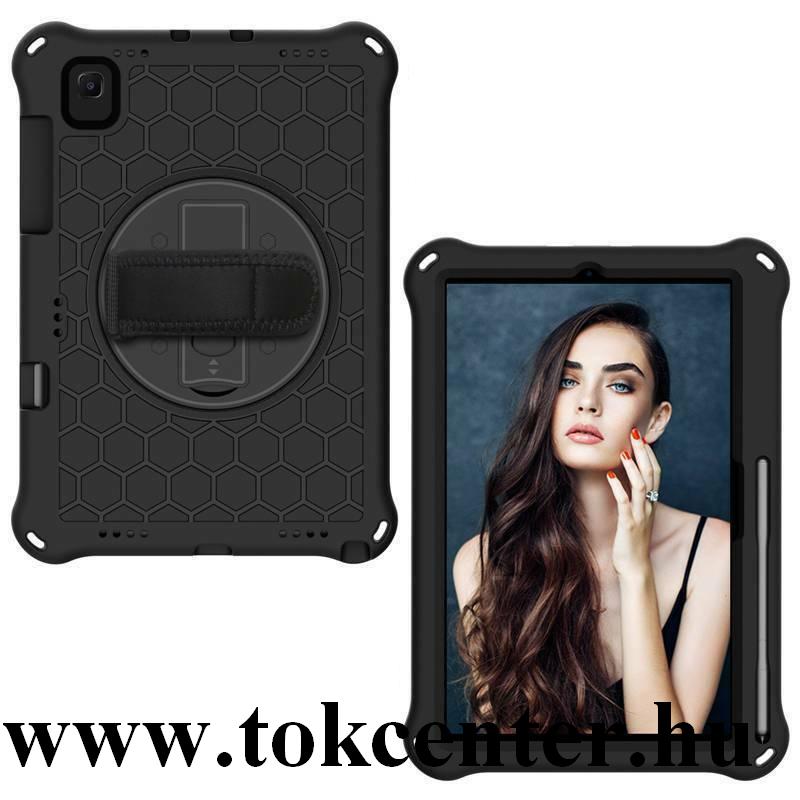 Samsung Galaxy Tab A7 10.4 (2020) LTE SM-T505 / Tab A7 10.4 (2020) WIFI SM-T500 Defender szilikon telefonvédő (kézpánt, közepesen ütésálló, 360°-os kitámasztó, méhsejt minta) FEKETE