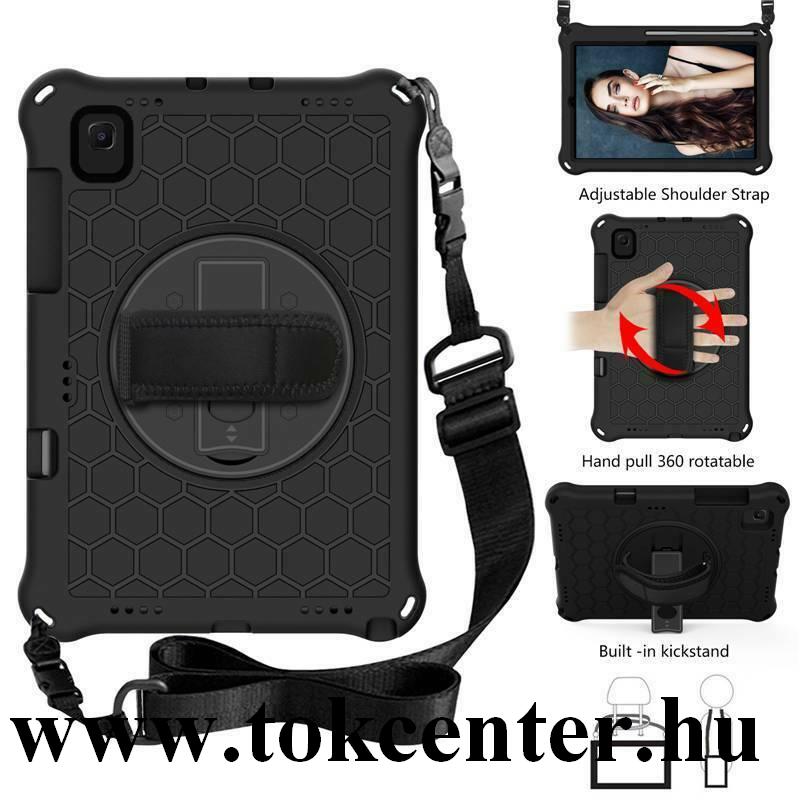 Samsung Galaxy Tab S6 Lite 10.4 LTE (SM-P615) / Tab S6 Lite 10.4 WIFI (SM-P610) Defender szilikon telefonvédő (kézpánt, közepesen ütésálló, 360°-os kitámasztó, méhsejt minta, vállra akasztható) FEKETE