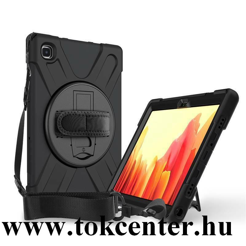 Samsung Galaxy Tab A7 10.4 (2020) LTE SM-T505 / Tab A7 10.4 (2020) WIFI SM-T500 Defender szilikon telefonvédő (kézpánt, közepesen ütésálló, kitámasztó, 360°-ban forgatható + vállpánt) FEKETE