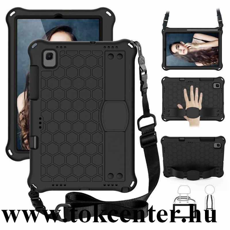 Samsung Galaxy Tab S6 10.5 LTE (SM-T865) / Tab S6 10.5 WIFI (SM-T860) Defender szilikon telefonvédő (kézpánt, közepesen ütésálló, kitámasztó, méhsejt minta, vállra akasztható) FEKETE