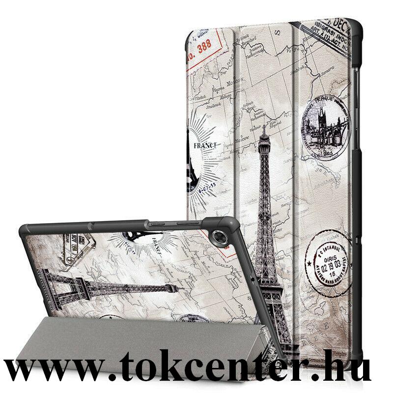 Lenovo Tab M10 FHD Plus (TB-X606X) Tok álló, bőr hatású (aktív flip, oldalra nyíló, TRIFOLD asztali tartó funkció, Eiffel torony minta) FEHÉR