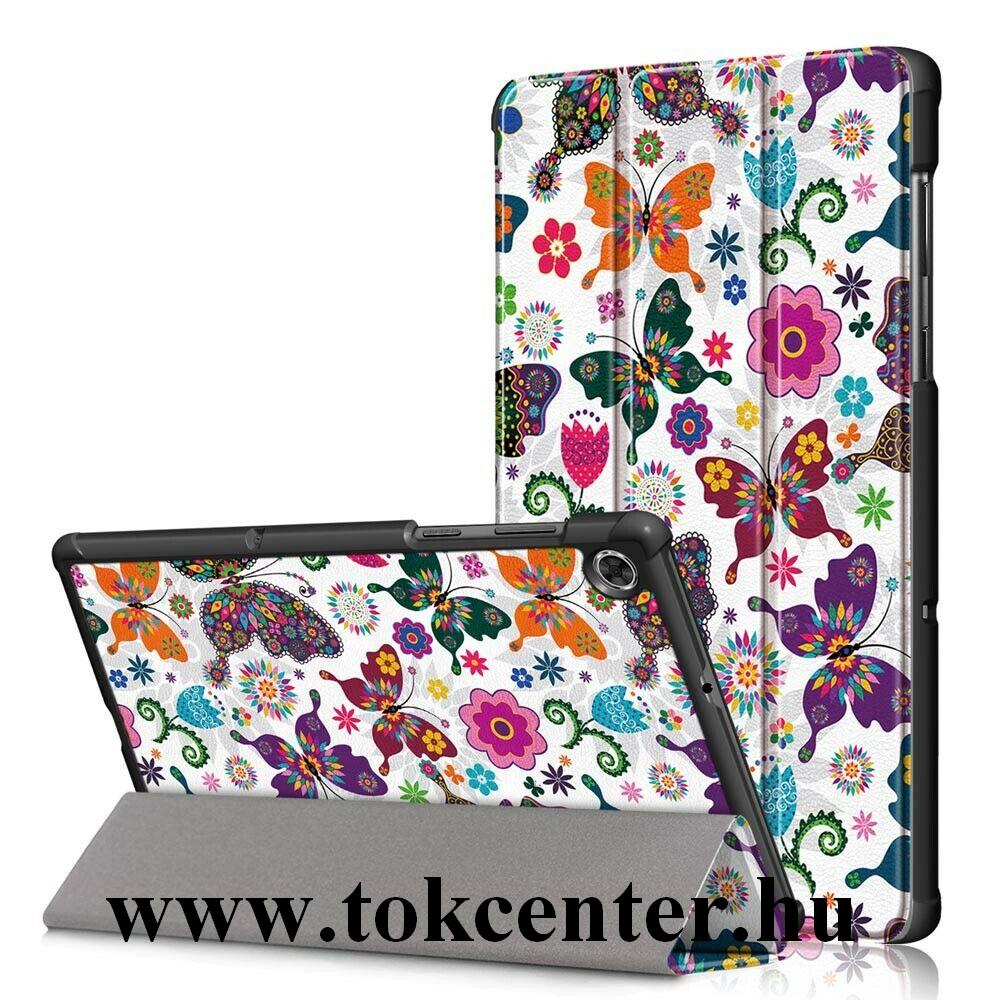 Lenovo Tab M10 FHD Plus (TB-X606X) Tok álló, bőr hatású (aktív flip, oldalra nyíló, TRIFOLD asztali tartó funkció, pillangó, virág minta) FEHÉR