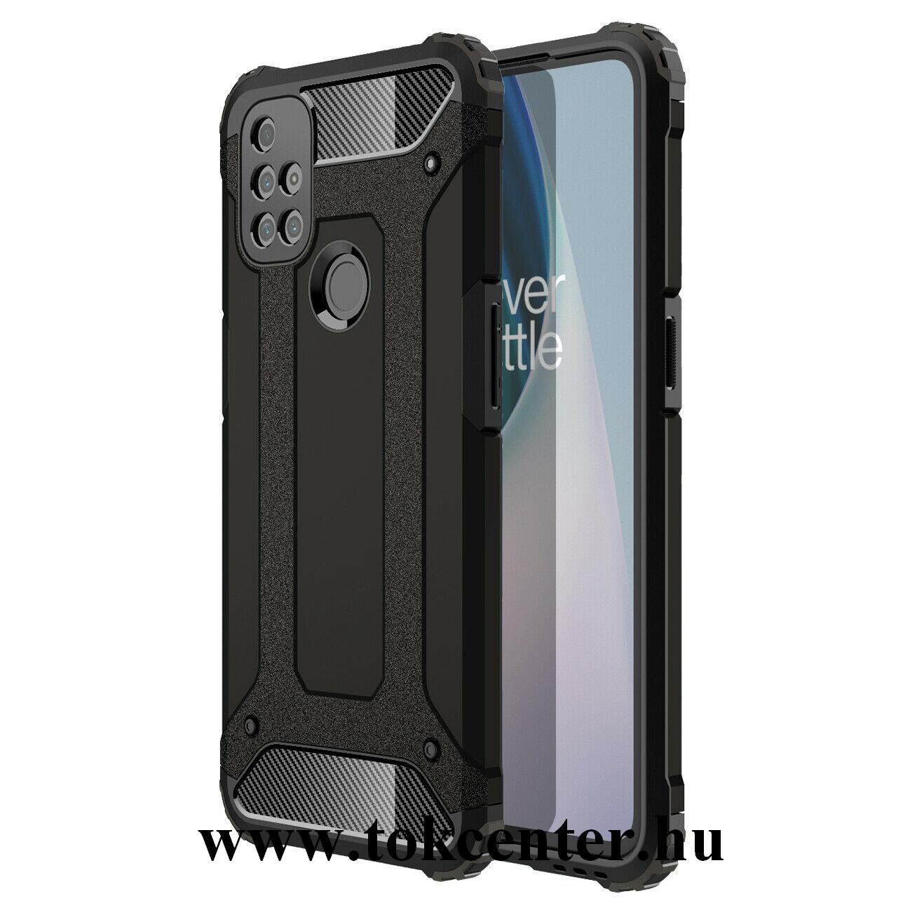 OnePlus Nord N10 5G Defender műanyag telefonvédő (közepesen ütésálló, légpárnás sarok, szilikon belső, fémhatás) FEKETE