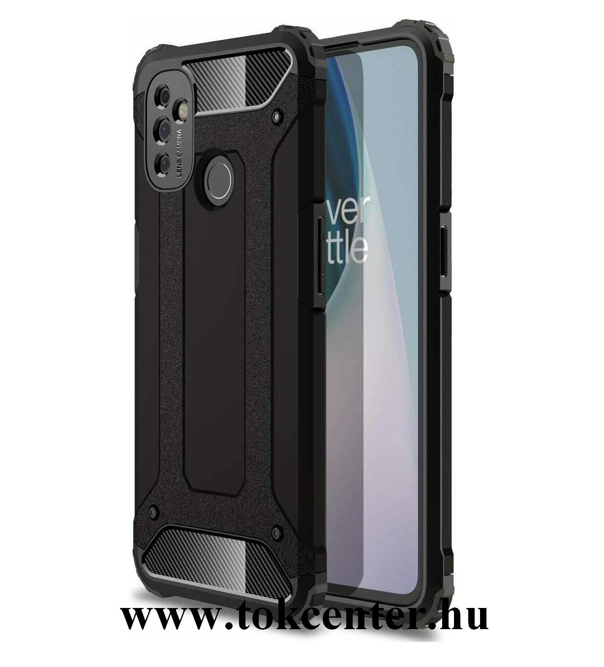 OnePlus Nord N100 Defender műanyag telefonvédő (közepesen ütésálló, légpárnás sarok, szilikon belső, fémhatás) FEKETE