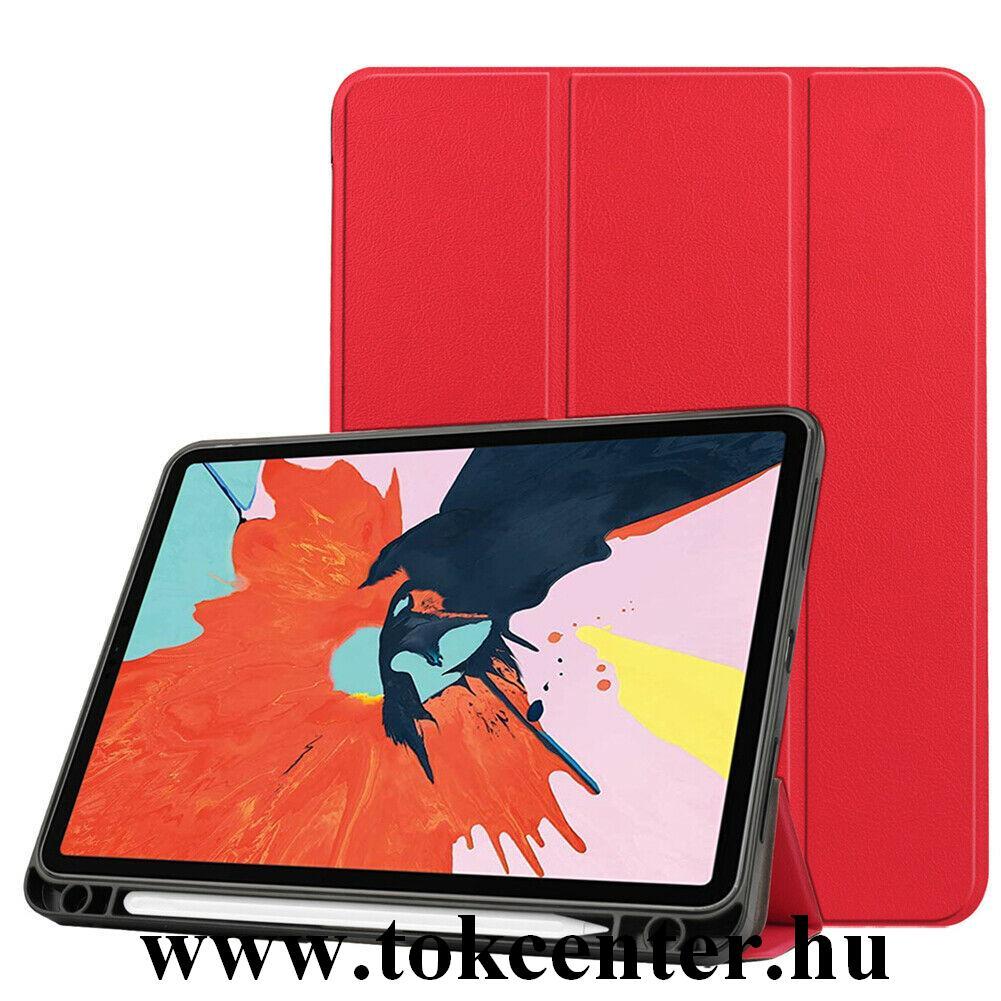 Apple IPAD Air 2020 (Air 4) Tok álló, bőr hatású (aktív flip, oldalra nyíló, TRIFOLD asztali tartó funkció, Apple Pencil tartó) PIROS