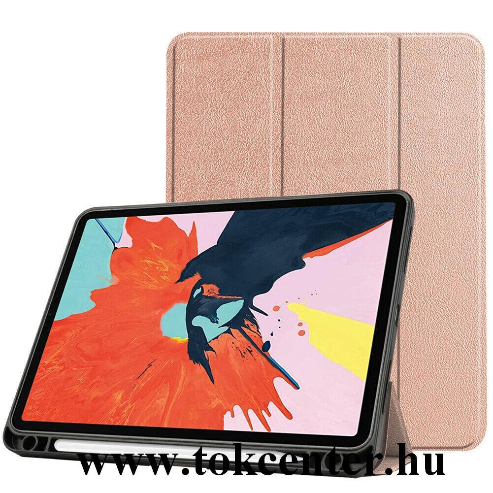 Apple IPAD Air 2020 (Air 4) Tok álló, bőr hatású (aktív flip, oldalra nyíló, TRIFOLD asztali tartó funkció, Apple Pencil tartó) ROZÉARANY