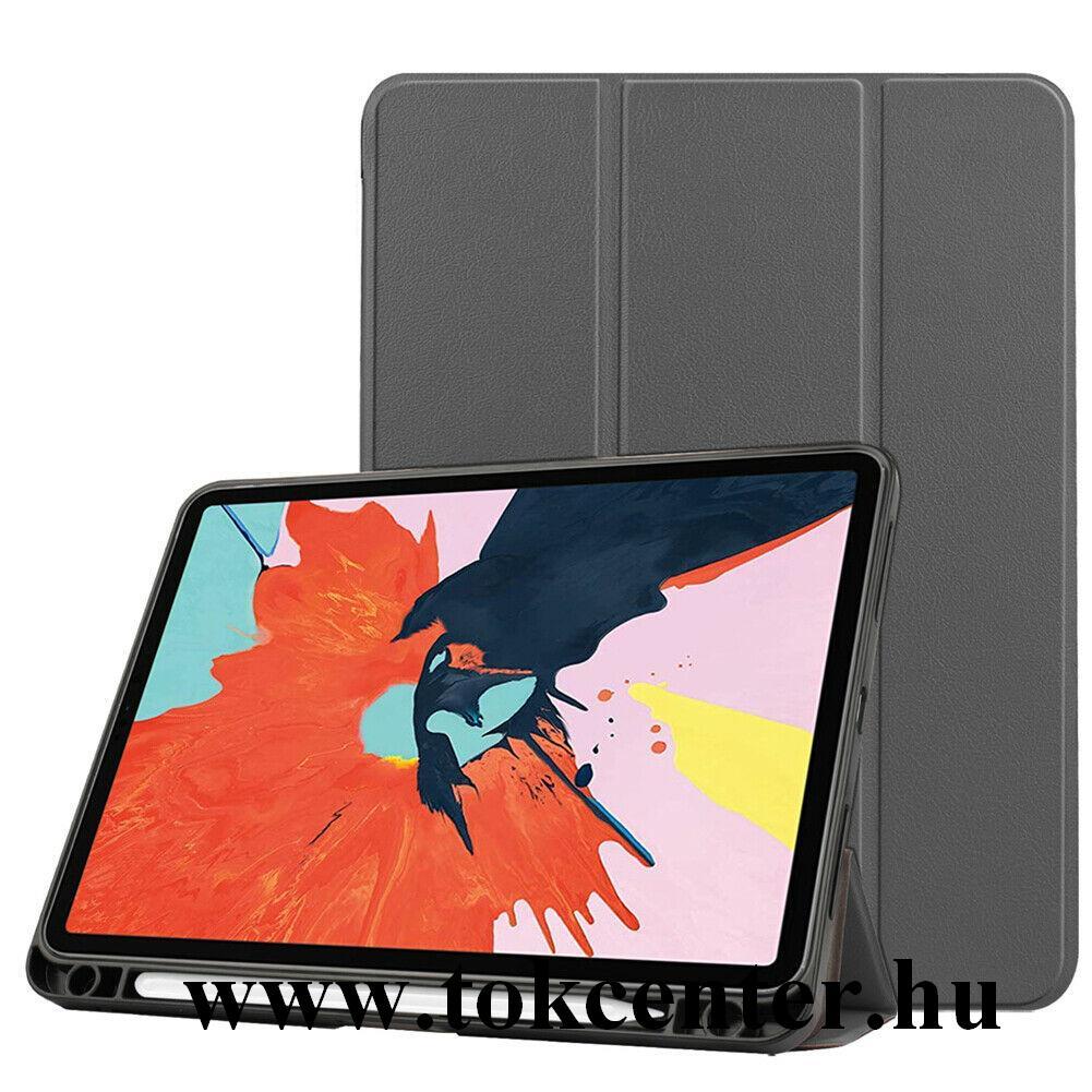 Apple IPAD Air 2020 (Air 4) Tok álló, bőr hatású (aktív flip, oldalra nyíló, TRIFOLD asztali tartó funkció, Apple Pencil tartó) SZÜRKE