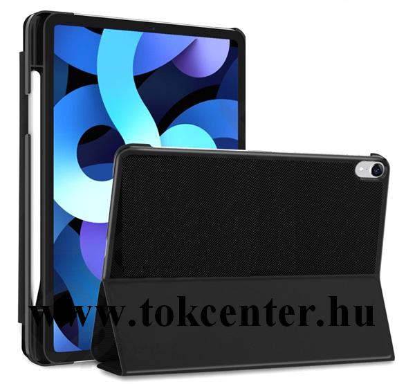 Apple IPAD Air 2020 (Air 4) Tok álló, bőr hatású (aktív flip, oldalra nyíló, TRIFOLD asztali tartó funkció, textil minta, Apple Pencil tartó) FEKETE