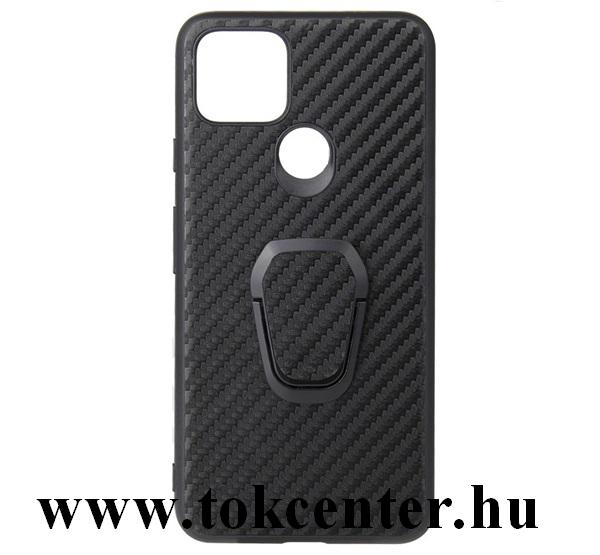 Google Pixel 5 Műanyag telefonvédő (szilikon keret, asztali tartó, telefontartó gyűrű, beépített fémlemez, karbon minta) FEKETE