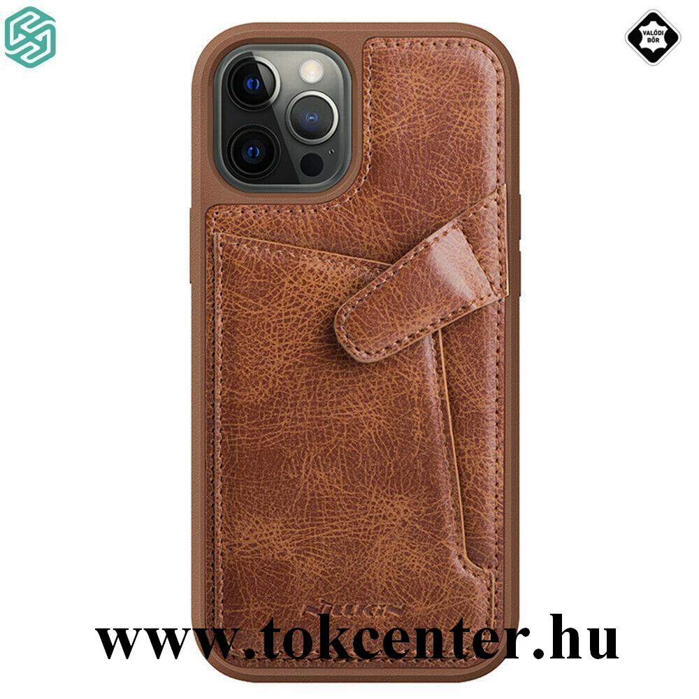 Apple iPhone 12 Pro Max NILLKIN AOGE műanyag telefonvédő (valódi bőr hátlap, bankkártya tartó) BARNA