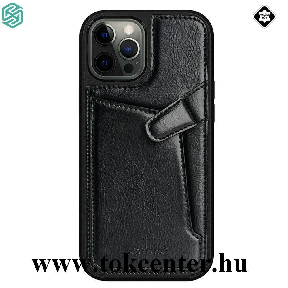 Apple iPhone 12 Pro Max NILLKIN AOGE műanyag telefonvédő (valódi bőr hátlap, bankkártya tartó) FEKETE
