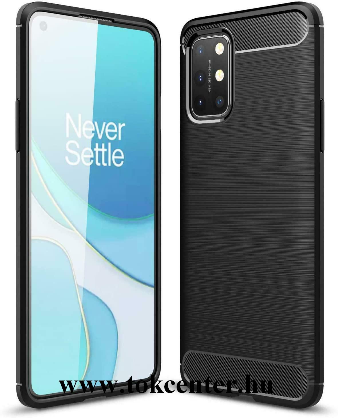 OnePlus 8T Szilikon telefonvédő (közepesen ütésálló, légpárnás sarok, szálcsiszolt, karbon minta) FEKETE