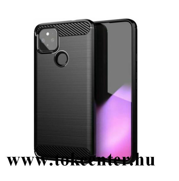 Google Pixel 5 Szilikon telefonvédő (közepesen ütésálló, légpárnás sarok, szálcsiszolt, karbon minta) FEKETE