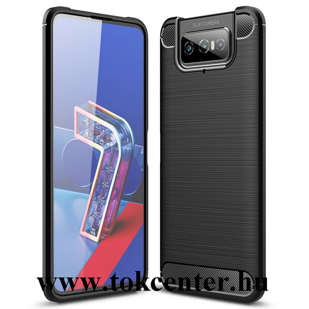 Asus Zenfone 7 (ZS670KS) Szilikon telefonvédő (közepesen ütésálló, légpárnás sarok, szálcsiszolt, karbon minta) FEKETE
