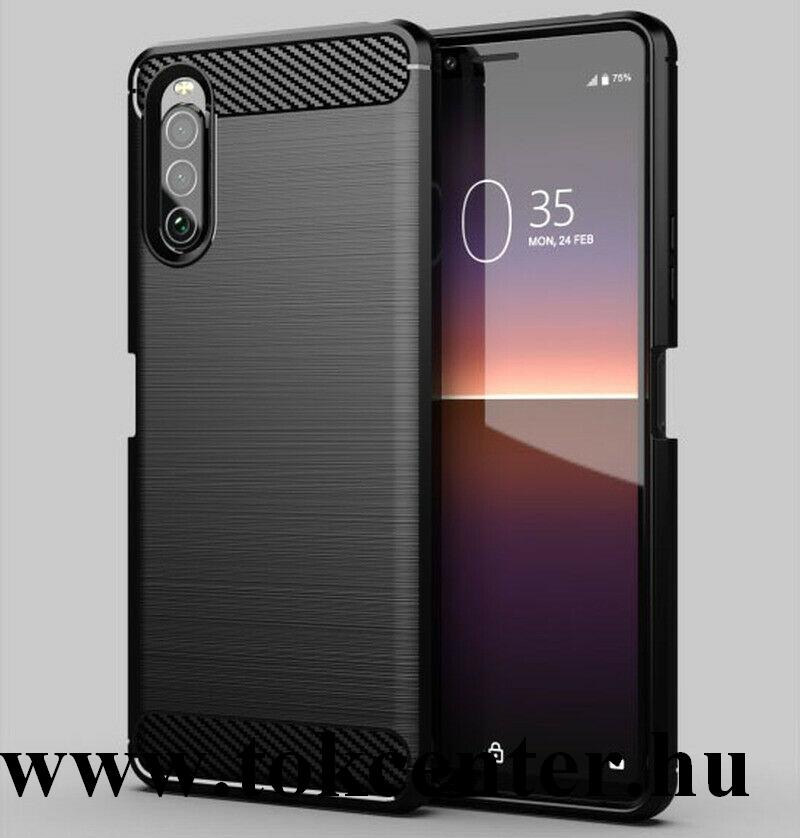 Sony Xperia 5 II (XQ-AS72) Szilikon telefonvédő (közepesen ütésálló, légpárnás sarok, szálcsiszolt, karbon minta) FEKETE