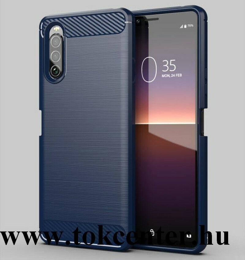 Sony Xperia 5 II (XQ-AS72) Szilikon telefonvédő (közepesen ütésálló, légpárnás sarok, szálcsiszolt, karbon minta) SÖTÉTKÉK