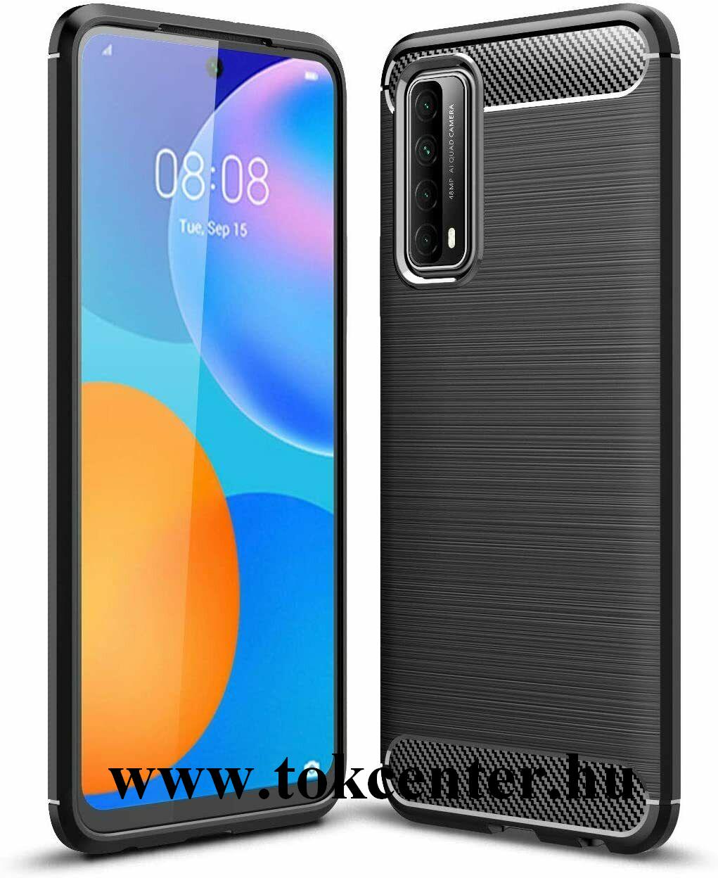 Huawei P Smart (2021) Szilikon telefonvédő (közepesen ütésálló, légpárnás sarok, szálcsiszolt, karbon minta) FEKETE