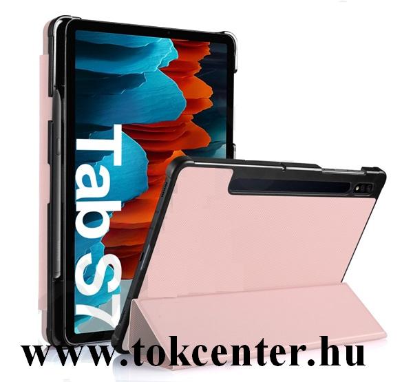 Samsung Galaxy Tab S7 LTE (SM-T875) / Tab S7 WIFI (SM-T870) Tok álló, bőr hatású (aktív flip, oldalra nyíló, TRIFOLD asztali tartó funkció) ROZÉARANY