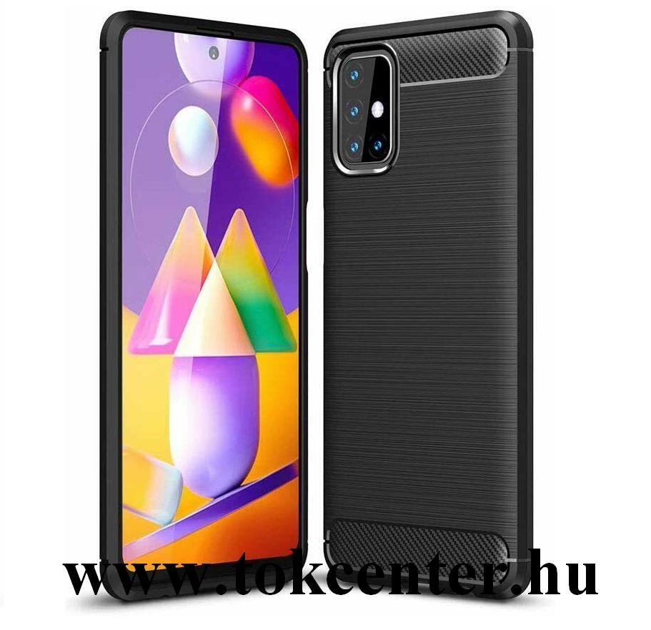 Samsung Galaxy M31s (SM-M317F) Szilikon telefonvédő (közepesen ütésálló, légpárnás sarok, szálcsiszolt, karbon minta) FEKETE