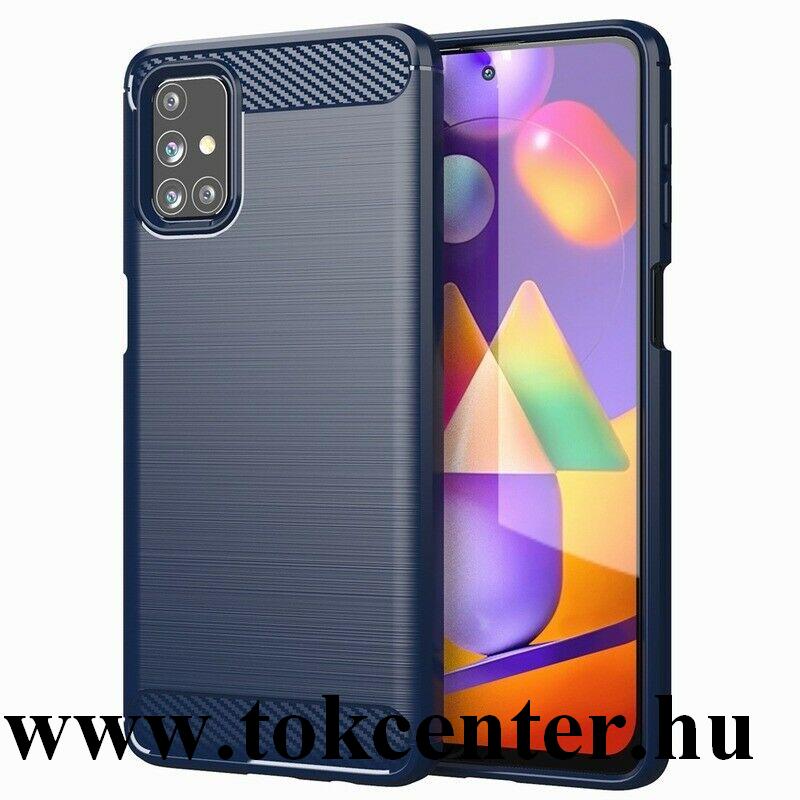 Samsung Galaxy M31s (SM-M317F) Szilikon telefonvédő (közepesen ütésálló, légpárnás sarok, szálcsiszolt, karbon minta) SÖTÉTKÉK