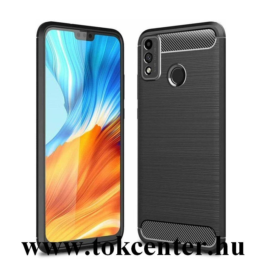 Honor 9X Lite Szilikon telefonvédő (közepesen ütésálló, légpárnás sarok, szálcsiszolt, karbon minta) FEKETE