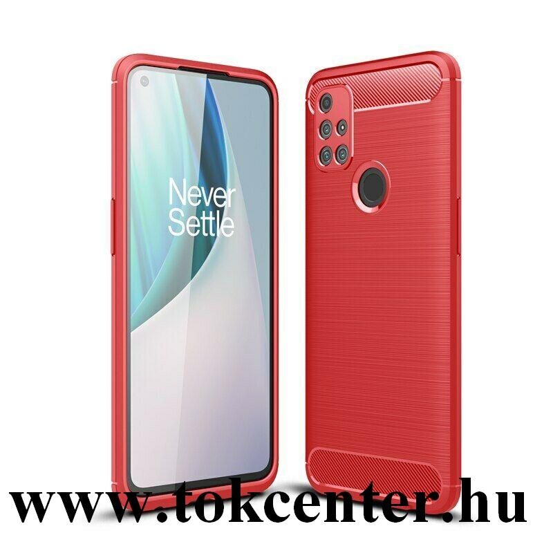 OnePlus Nord N10 5G Szilikon telefonvédő (közepesen ütésálló, légpárnás sarok, szálcsiszolt, karbon minta) PIROS