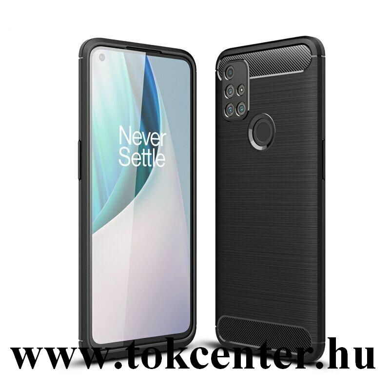 OnePlus Nord N10 5G Szilikon telefonvédő (közepesen ütésálló, légpárnás sarok, szálcsiszolt, karbon minta) FEKETE