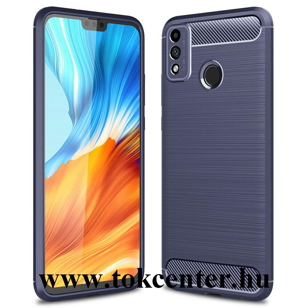 Honor 9X Lite Szilikon telefonvédő (közepesen ütésálló, légpárnás sarok, szálcsiszolt, karbon minta) SÖTÉTKÉK