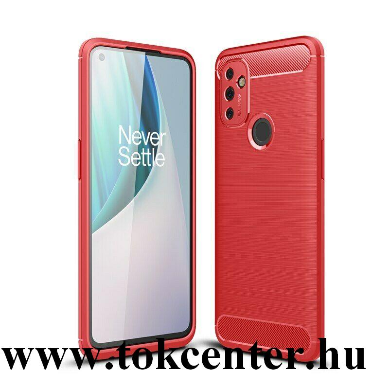 OnePlus Nord N100 Szilikon telefonvédő (közepesen ütésálló, légpárnás sarok, szálcsiszolt, karbon minta) PIROS
