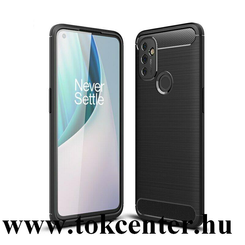 OnePlus Nord N100 Szilikon telefonvédő (közepesen ütésálló, légpárnás sarok, szálcsiszolt, karbon minta) FEKETE