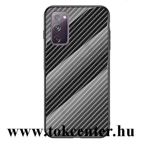 Samsung Galaxy S20 FE (SM-G780) Telefonvédő szilikon keret (BUMPER, edzett üveg hátlap, karbon minta) FEKETE