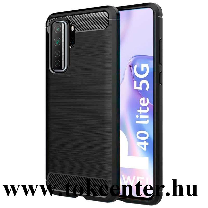 Huawei P40 Lite 5G / nova 7 SE Szilikon telefonvédő (közepesen ütésálló, légpárnás sarok, szálcsiszolt, karbon minta) FEKETE