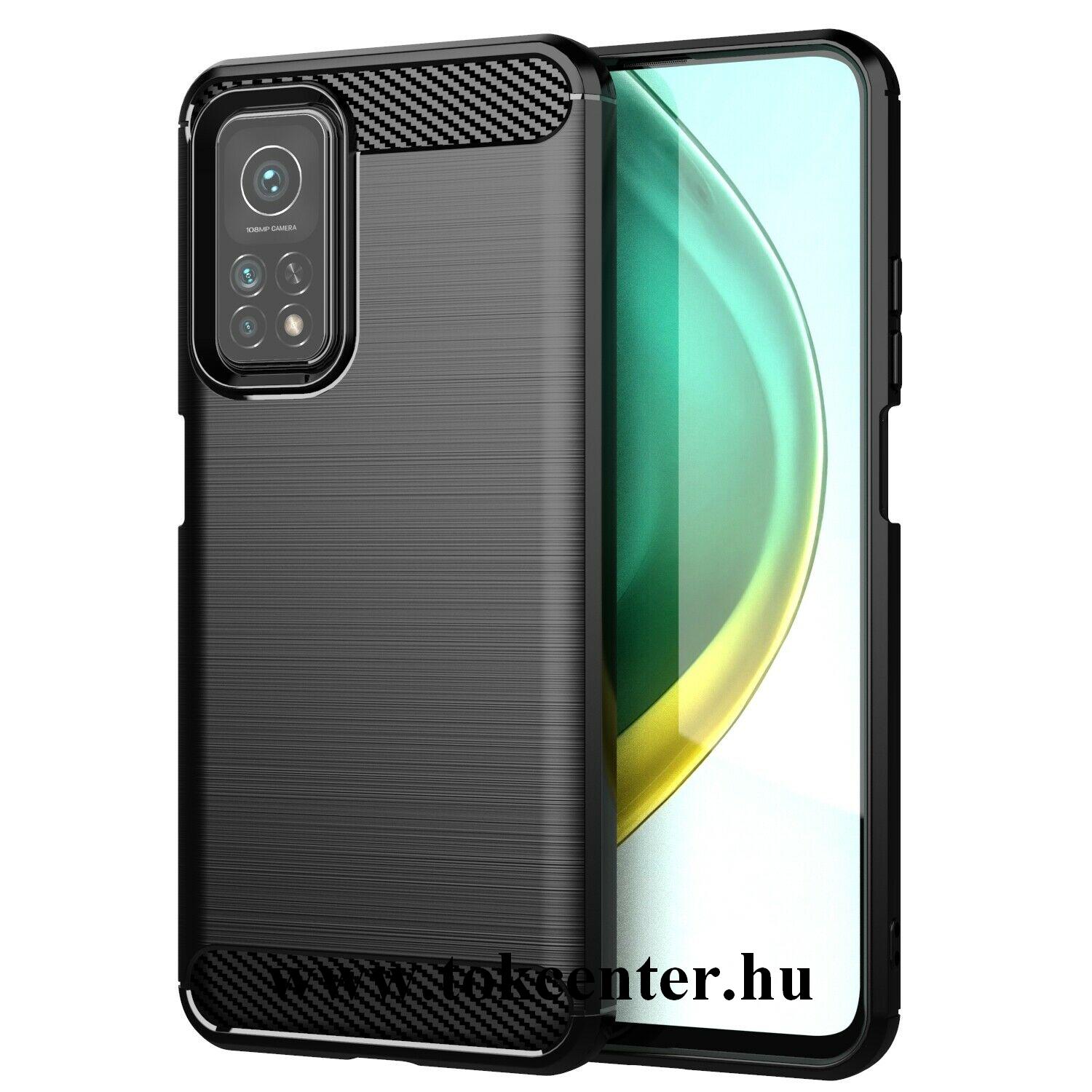 Xiaomi Mi 10T 5G / Xiaomi Mi 10T Pro 5G Szilikon telefonvédő (közepesen ütésálló, légpárnás sarok, szálcsiszolt, karbon minta) FEKETE
