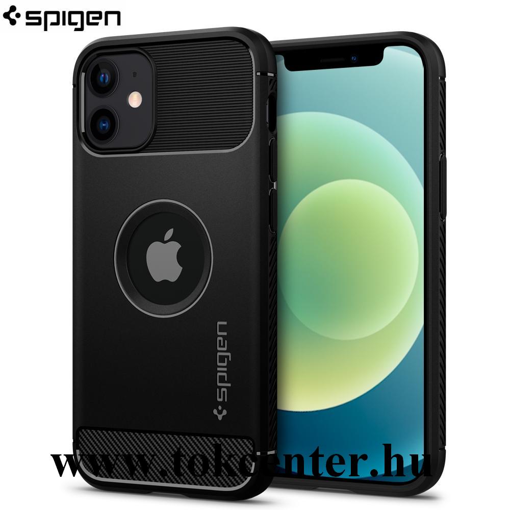 Apple iPhone 12 / Apple iPhone 12 Pro SPIGEN RUGGED ARMOR szilikon telefonvédő (közepesen ütésálló, légpárnás sarok, karbon minta, logo kivágás) FEKETE (ACS01700)