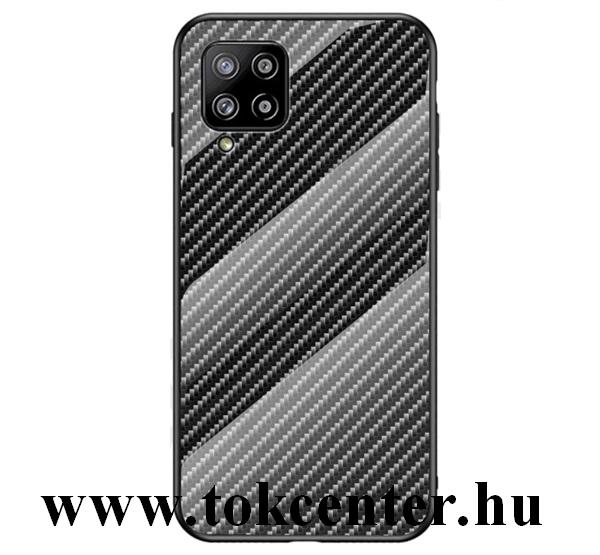 Samsung Galaxy A42 5G (SM-A425F) Telefonvédő szilikon keret (BUMPER, edzett üveg hátlap, karbon minta) FEKETE