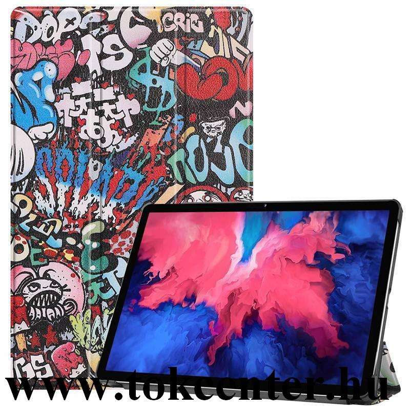 Lenovo Tab P11 (TB-J606F) Tok álló, bőr hatású (aktív flip, oldalra nyíló, TRIFOLD asztali tartó funkció, graffiti minta) SZÍNES