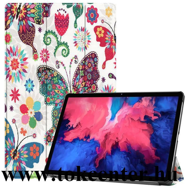 Lenovo Tab P11 (TB-J606F) Tok álló, bőr hatású (aktív flip, oldalra nyíló, TRIFOLD asztali tartó funkció, színes pillangó minta) FEHÉR