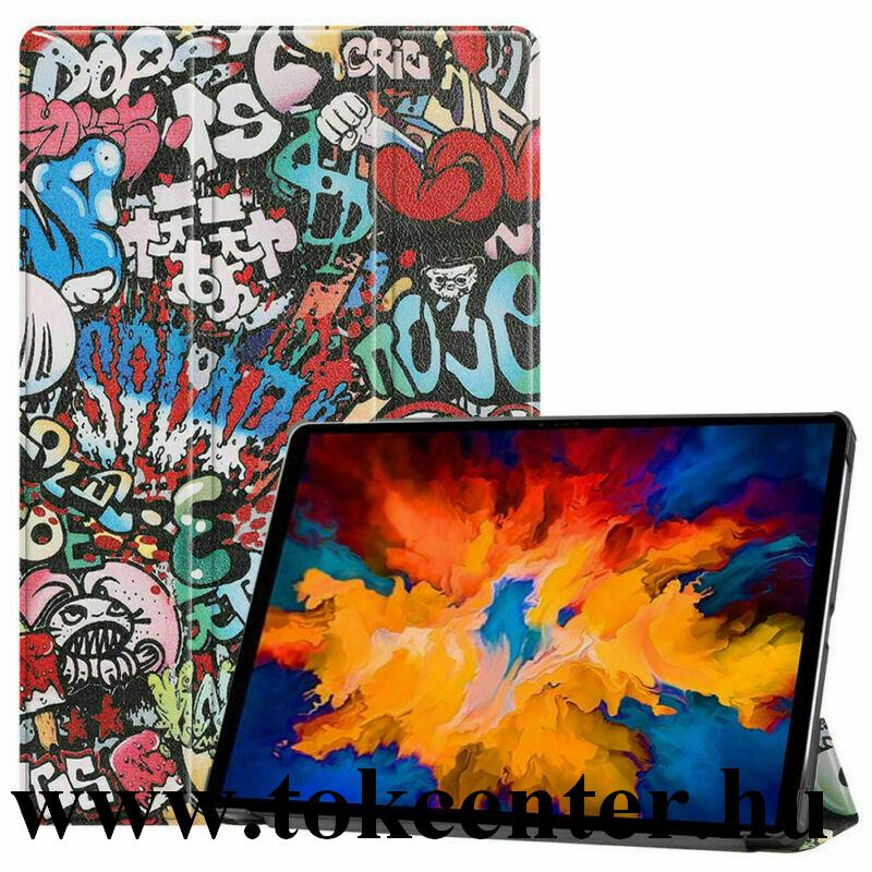 Lenovo Tab P11 Pro (TB-J706F) Tok álló, bőr hatású (aktív flip, oldalra nyíló, TRIFOLD asztali tartó funkció, graffiti minta) SZÍNES