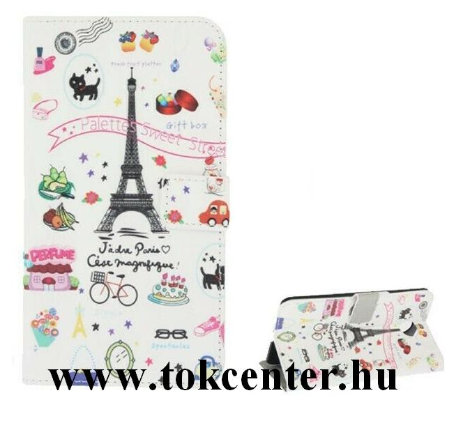 Samsung Galaxy S21 Plus (SM-G996) Tok álló, bőr hatású (FLIP, oldalra nyíló, asztali tartó funkció, Eiffel torony minta) FEHÉR