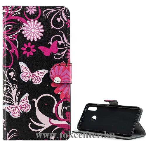 Samsung Galaxy S21 (SM-G991) Tok álló, bőr hatású (FLIP, oldalra nyíló, asztali tartó funkció, pillangó, virág minta) FEKETE