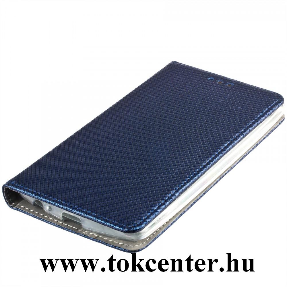 LG K22 (LMK200HM) Tok álló, bőr hatású (FLIP, oldalra nyíló, asztali tartó funkció, rombusz minta) SÖTÉTKÉK