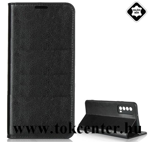 Huawei P Smart (2021) Tok álló, valódi bőr (FLIP, oldalra nyíló, asztali tartó funkció) FEKETE