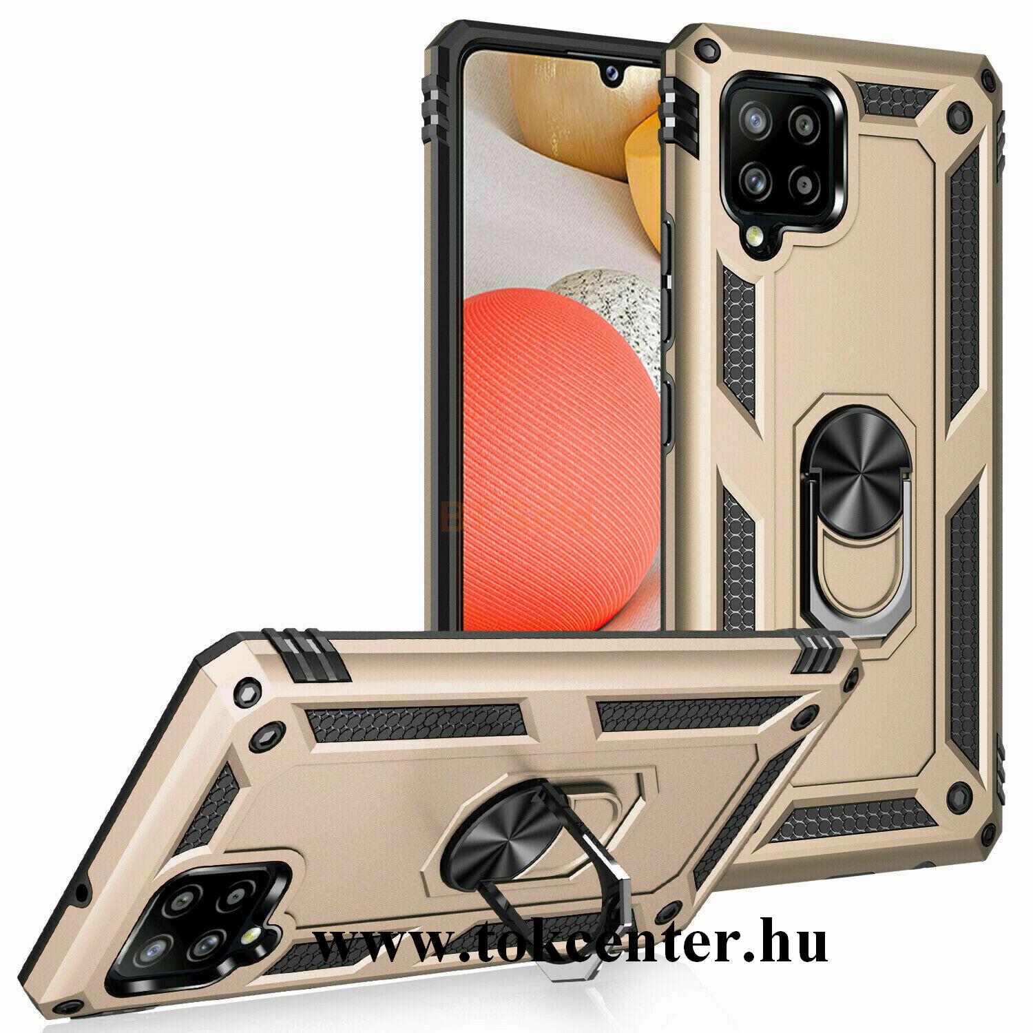 Samsung Galaxy A42 5G (SM-A425F) Defender műanyag telefonvédő (közepesen ütésálló, szilikon belső, telefontartó gyűrű, beépített fémlemez) ARANY