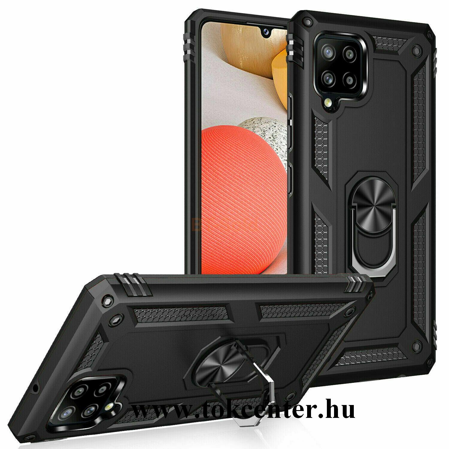 Samsung Galaxy A42 5G (SM-A425F) Defender műanyag telefonvédő (közepesen ütésálló, szilikon belső, telefontartó gyűrű, beépített fémlemez) FEKETE