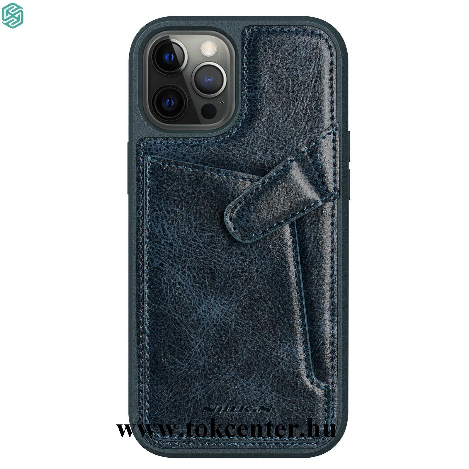 Apple iPhone 12 / Apple iPhone 12 Pro NILLKIN AOGE műanyag telefonvédő (valódi bőr hátlap, bankkártya tartó) SÖTÉTKÉK